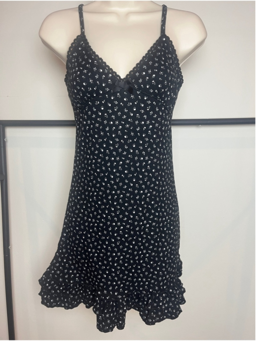 Y2K Black Dress Floral Spaghetti Strap Slip XS Whimsigoth Fairy Festival Lounge
